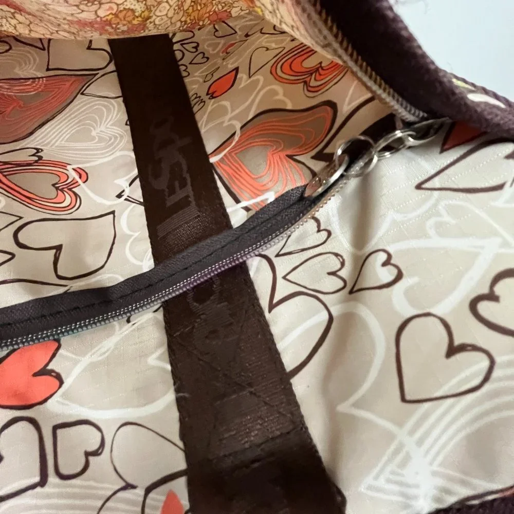 Le Sportsac computer messenger bag 11 x 15 hearts pink brown shoulder strap